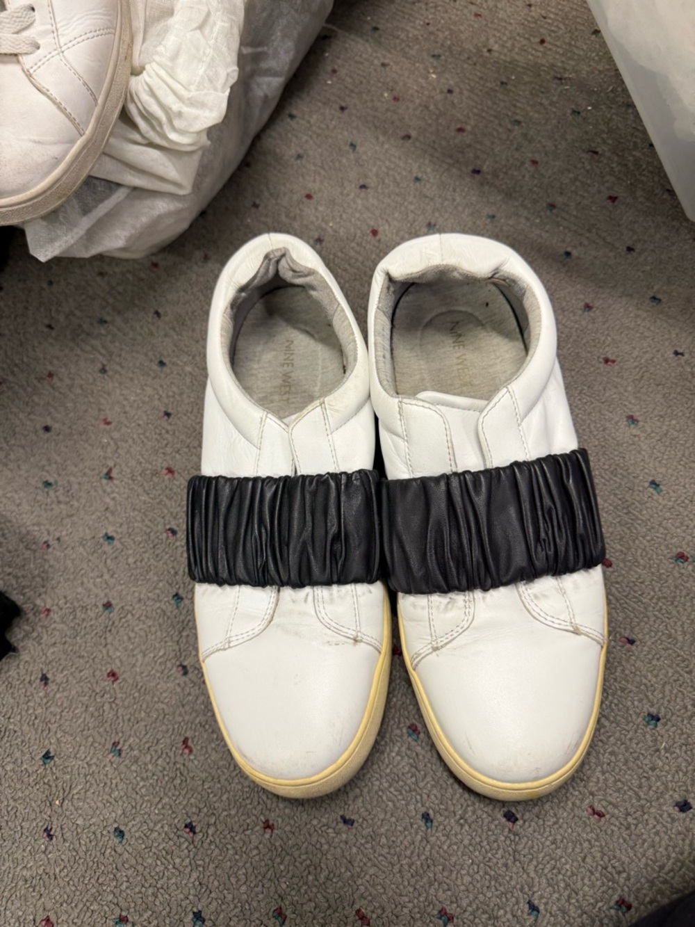Nine West White Slip-On Sneakers with Black Ruched Strap